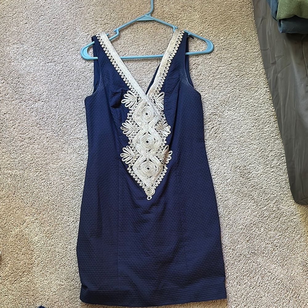 Navy Dress with Cream Embellishments